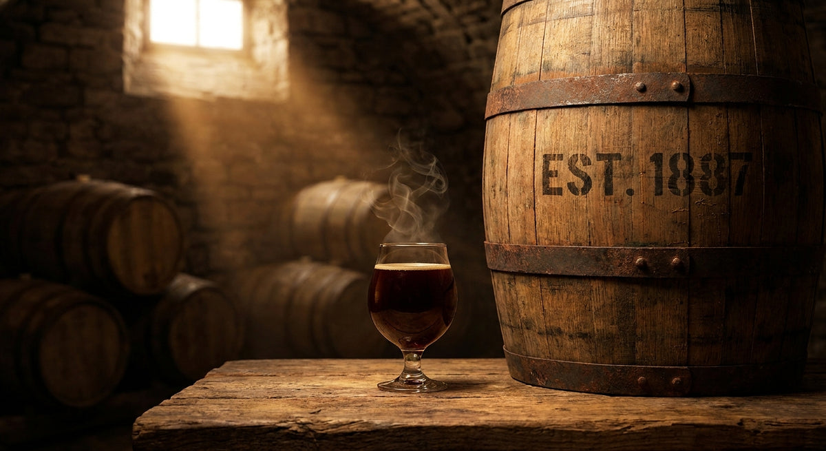 A weathered oak barrel in a dimly lit cellar beside a glass of dark imperial stout glowing in warm amber light.